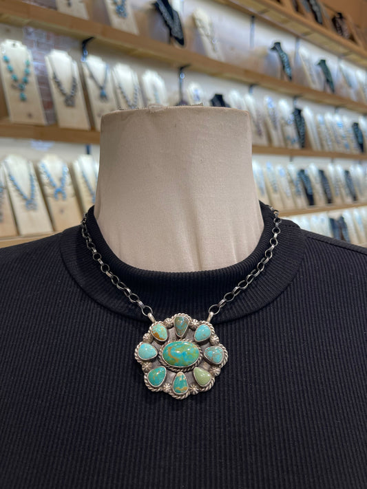 16" Kingman Turquoise Cluster Necklace by Augustine Largo, Navajo