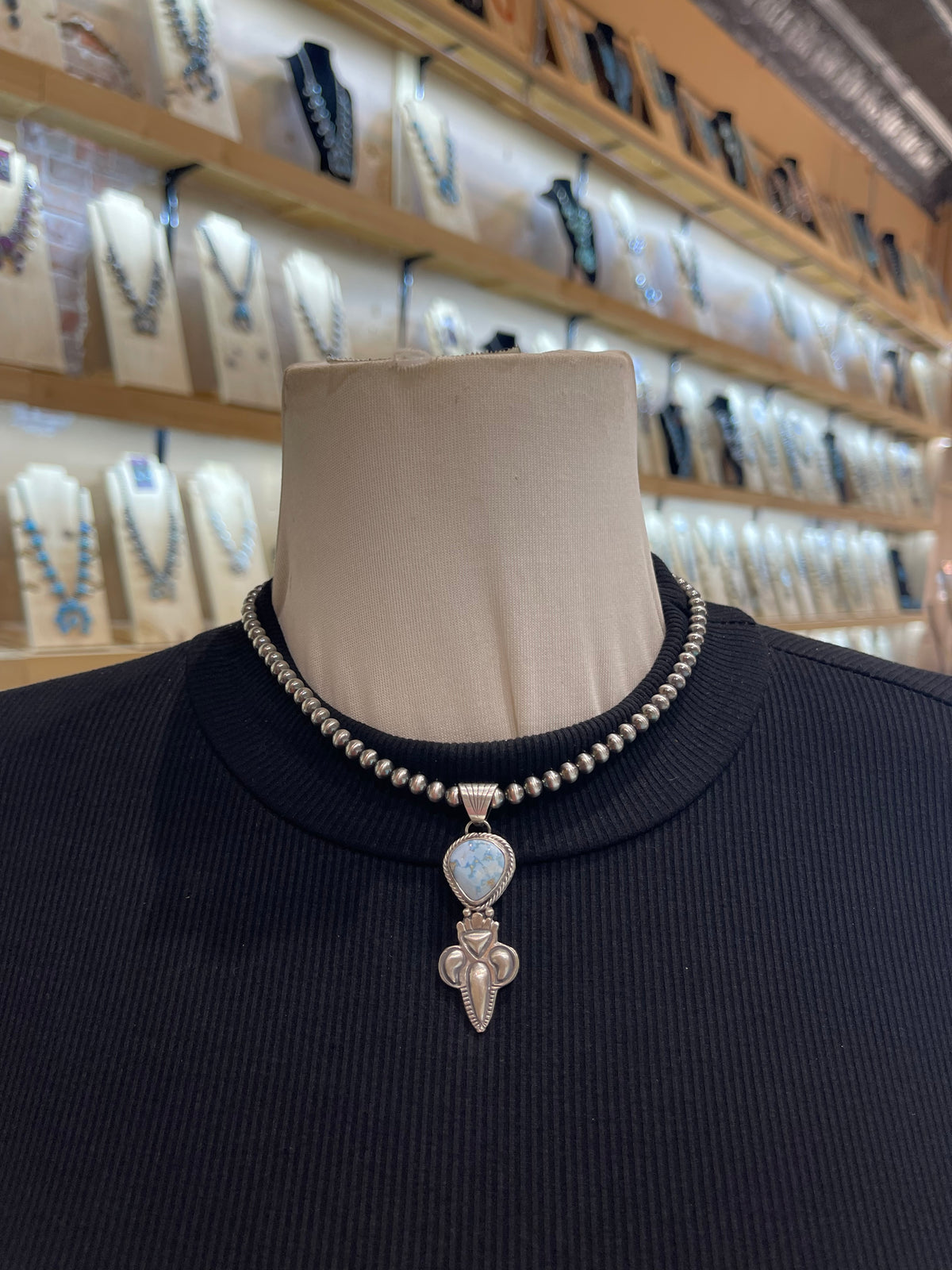 16” 5mm Navajo Style Pearls Golden Hills Turquoise Pendant by Gary Shorty, Navajo