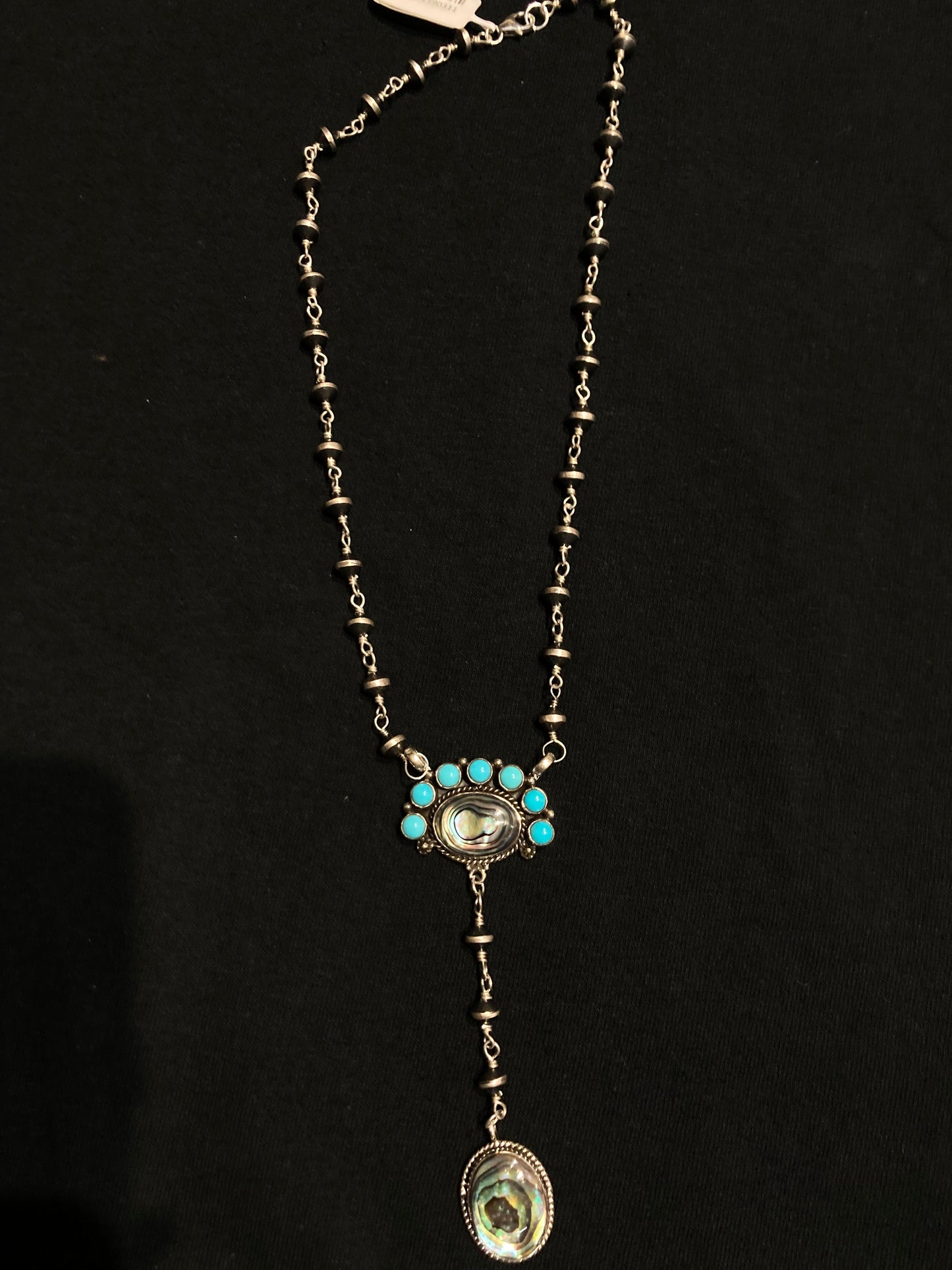 18"+3" Dangle Abalone with Turquoise and Navajo Pearls Necklace by Zia