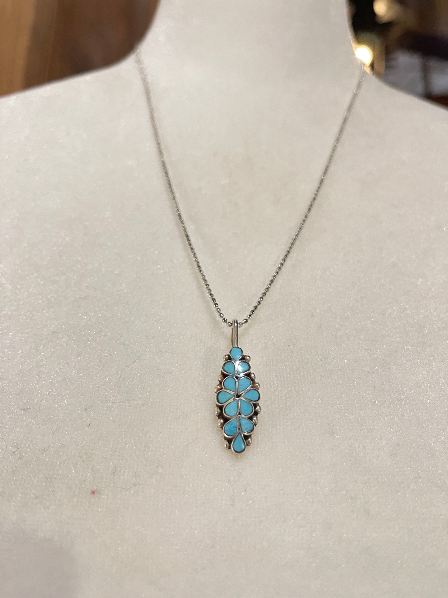 18"+3" Turquoise Inlay Flower Bunch Necklace by Bernadette Hattie, Zuni