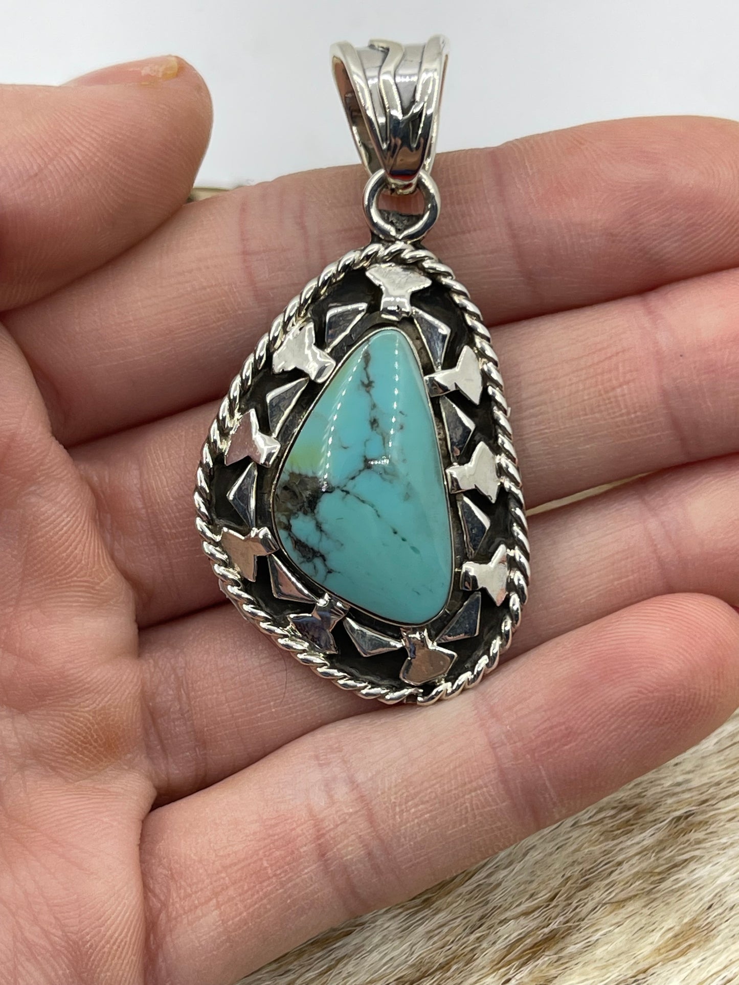 Silver Overlay and Turquoise Triangle Pendant with a 8mm Bale by Charlene Yazzie, Navajo