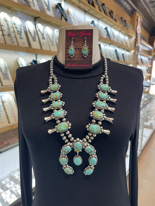 26" Kingman Turquoise Squash Blossom + 4” Naja & Earrings by Augustine Largo, Navajo