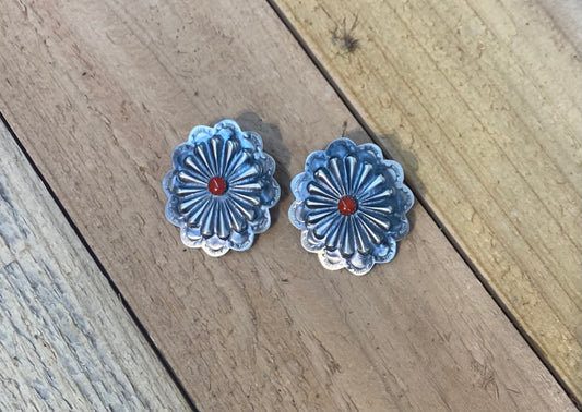 Hand Stamped Sterling Silver Concho with Coral Earrings by Rita Daye