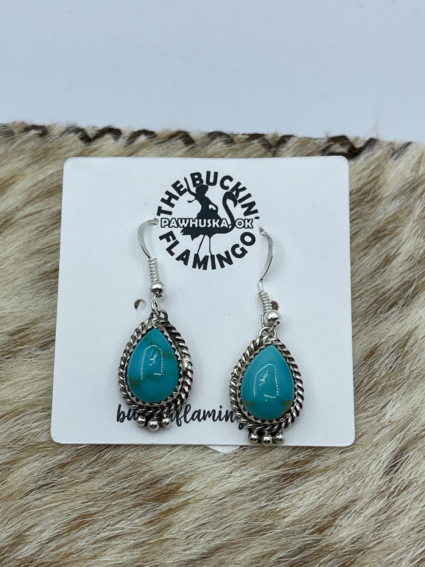Kingman Turquoise Teardrop Dangle Earrings by Trish Largo, Navajo
