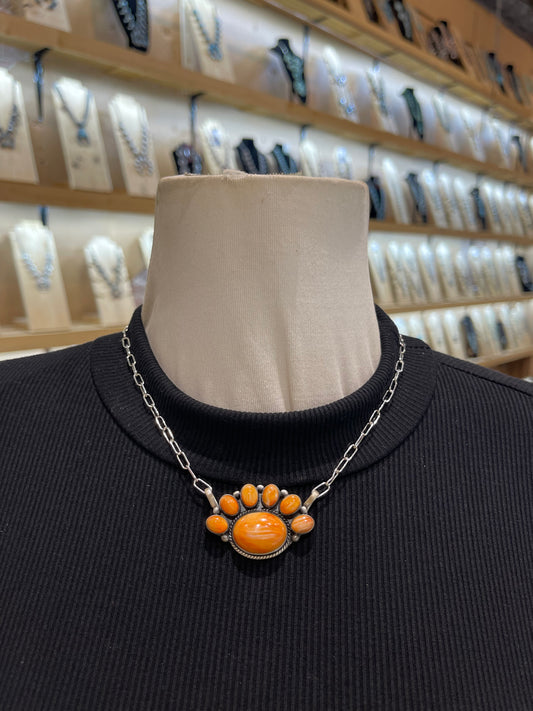 16" Orange Spiny Oyster Shell Half Cluster Necklace