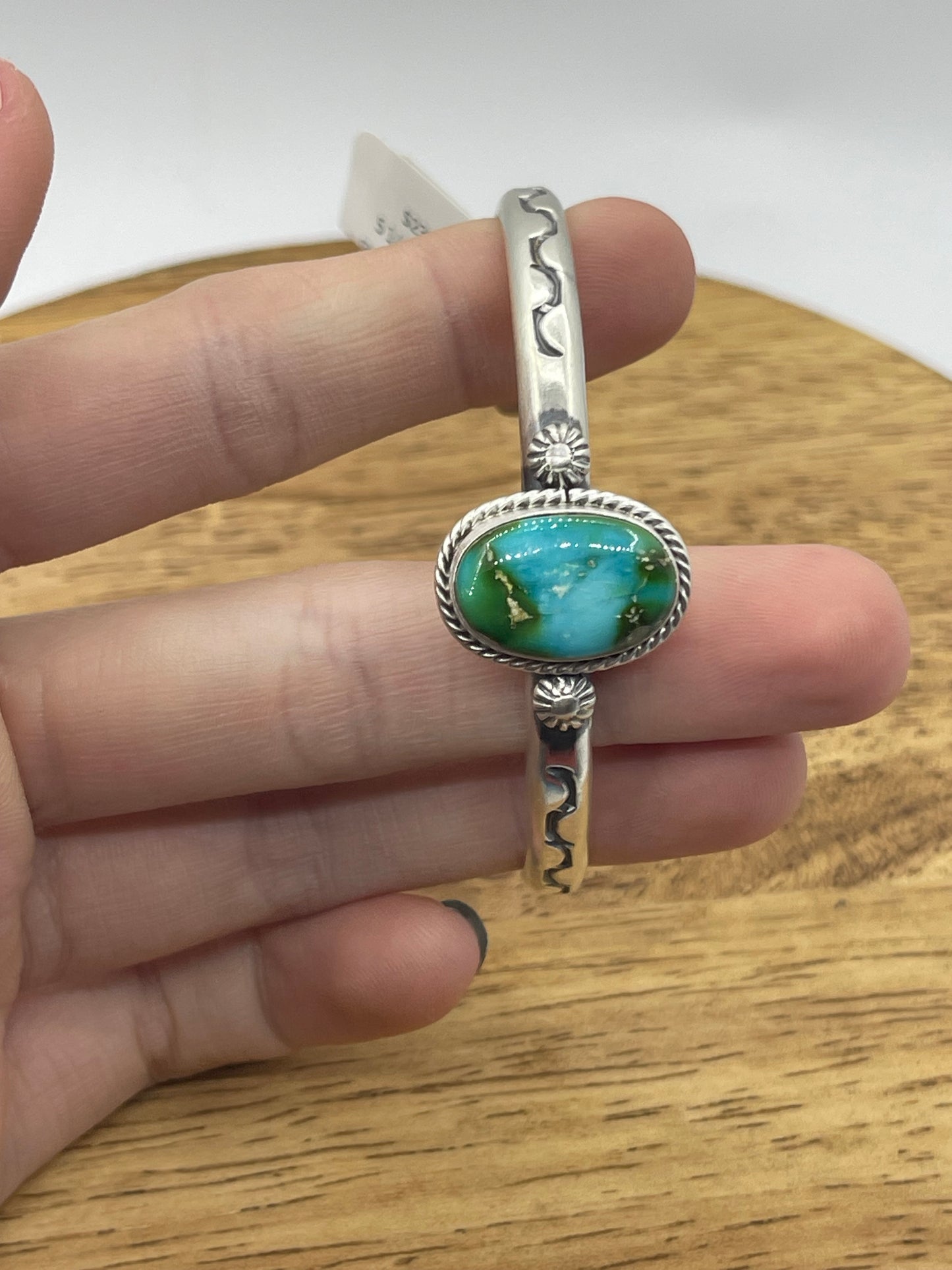 5.25" - 7" Sonoran Gold Turquoise Stamped Cuff by Samuel Yellowhair, Navajo