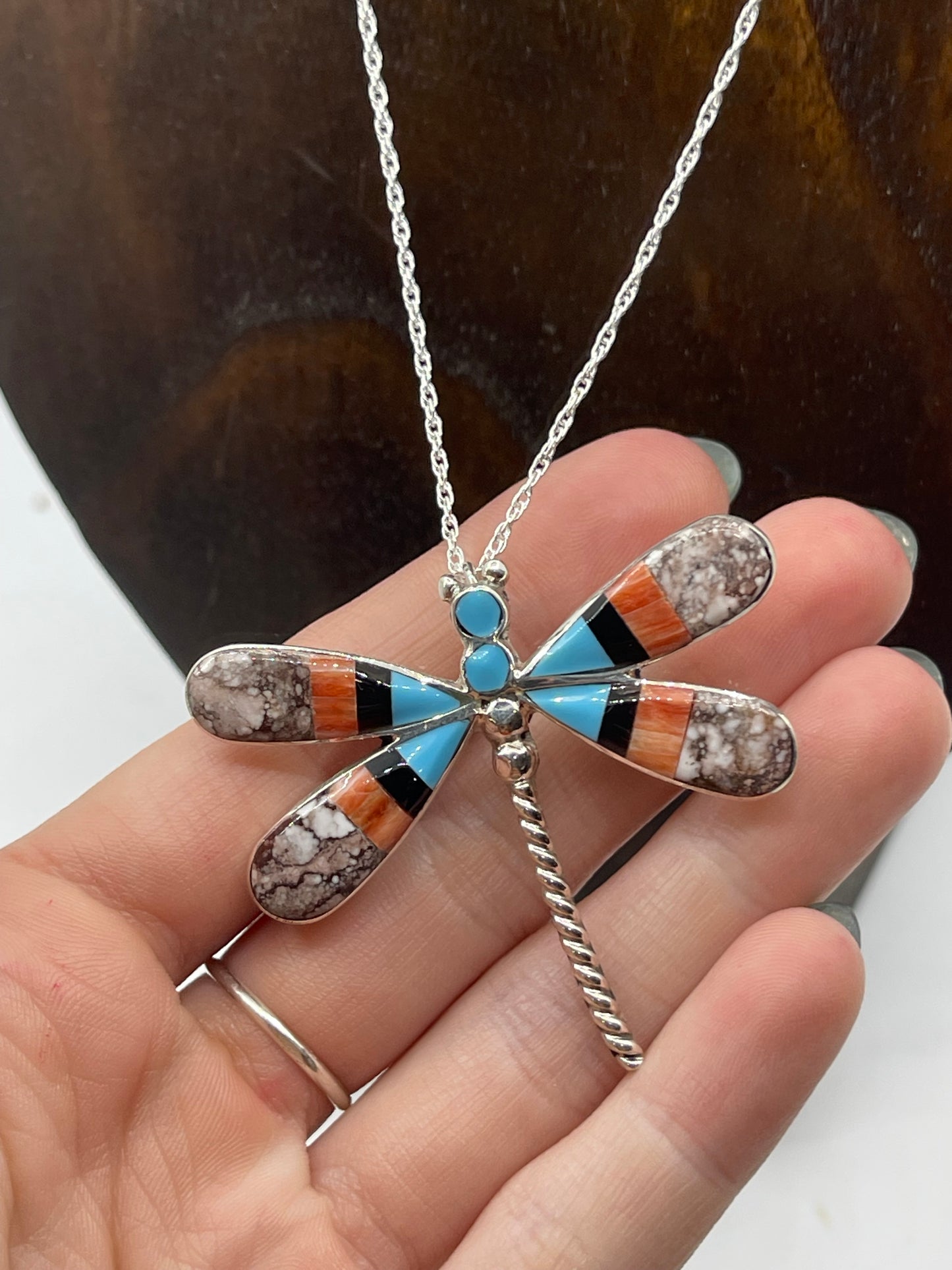 18" Wild Horse, Turquoise, Orange Spiny, and Black Onyx Dragonfly Pin/Pendant Combo Necklace by Angus Ahiyite, Zuni