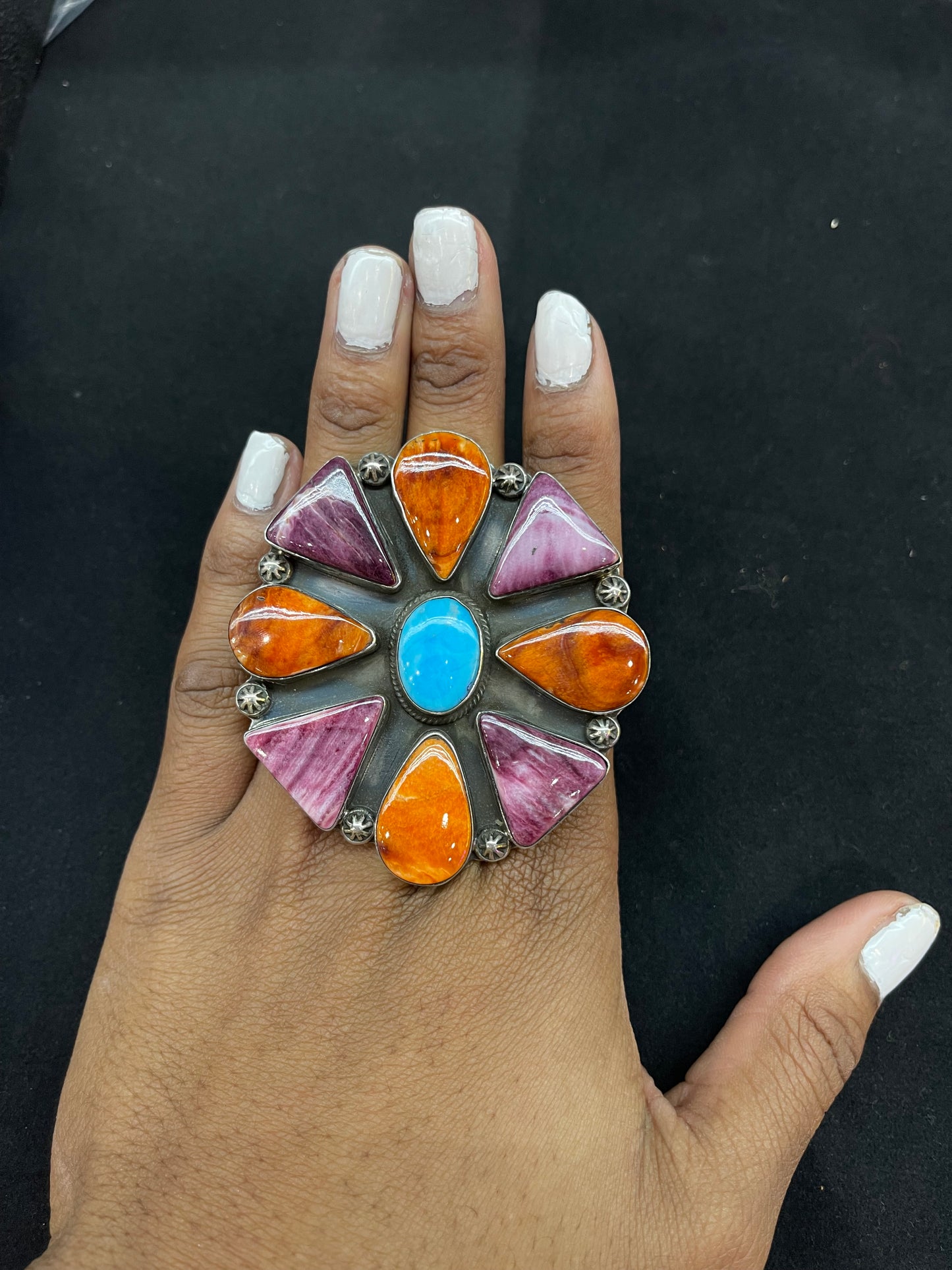 Size 8.5 Orange & Purple Spiny Oyster and Sleeping Beauty Turquoise Ring