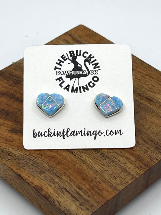 Light Blue Opal Heart Posts Earrings by Linda Chavez, Zuni