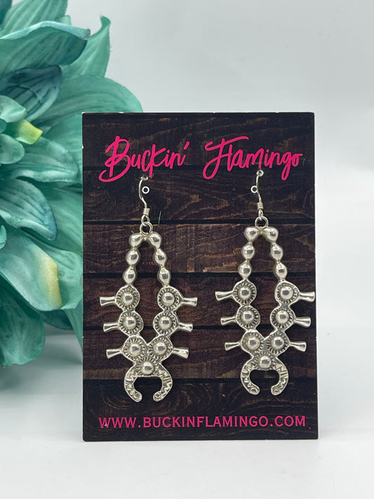 Sterling Silver Squash Blossom Dangle Hook Earrings by Alfred Martinez, Navajo
