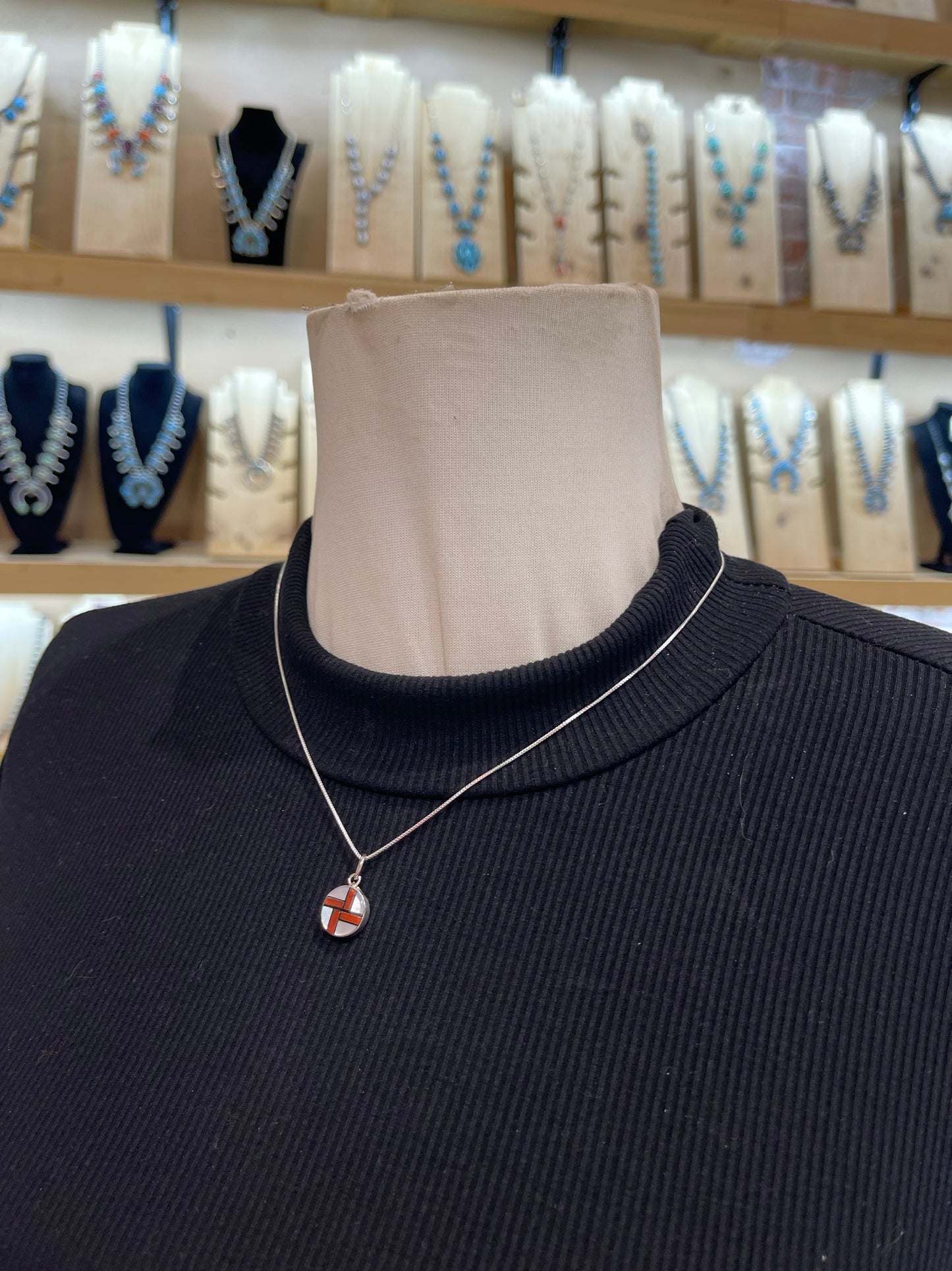 18" Chain with Inlaid Circle Pendant by James Cheama, Zuni
