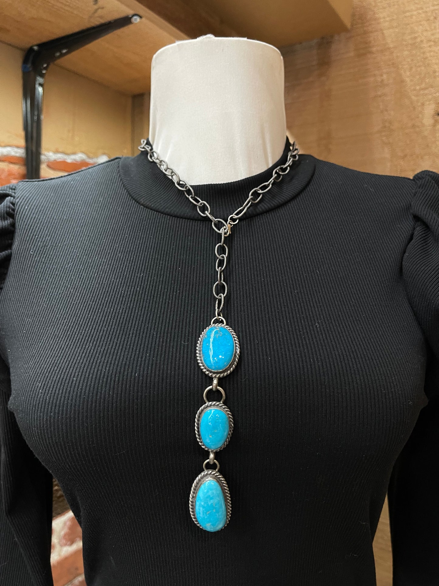 24” Kingman Turquoise Three Stone Lariat by Delbert Secatero, Navajo