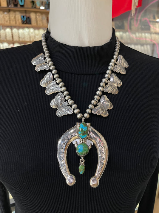 22"+3" Sonoran Gold Turquoise Naja and 8mm Navajo Pearls Necklace with Butterflies, Navajo