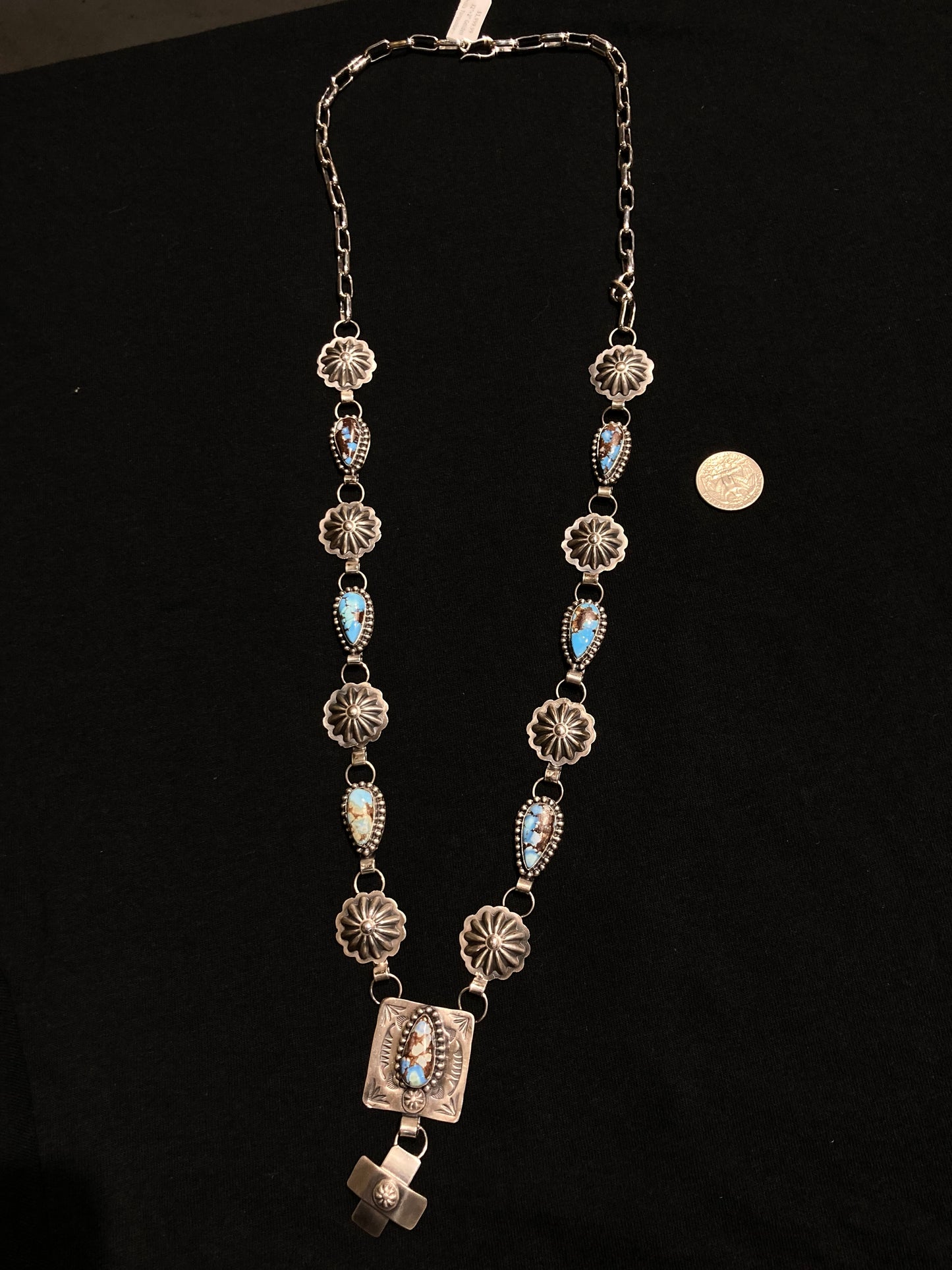 32"+2" Golden Hills Turquoise Necklace by Gilbert Secatero, Navajo