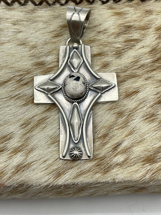 White Buffalo Cross Pendant with a 10.8mm Bale by Gabby Jurado,Mexican