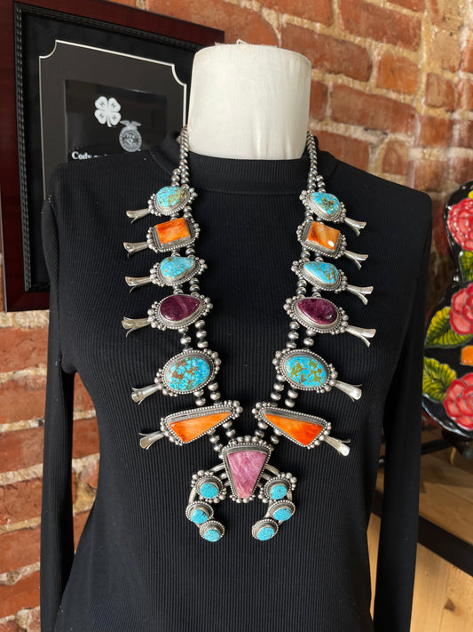 30" High Grade Kingman Turquoise, Orange Spiny, and Purple Spiny Squash Blossom by Tom Lewis, Navajo