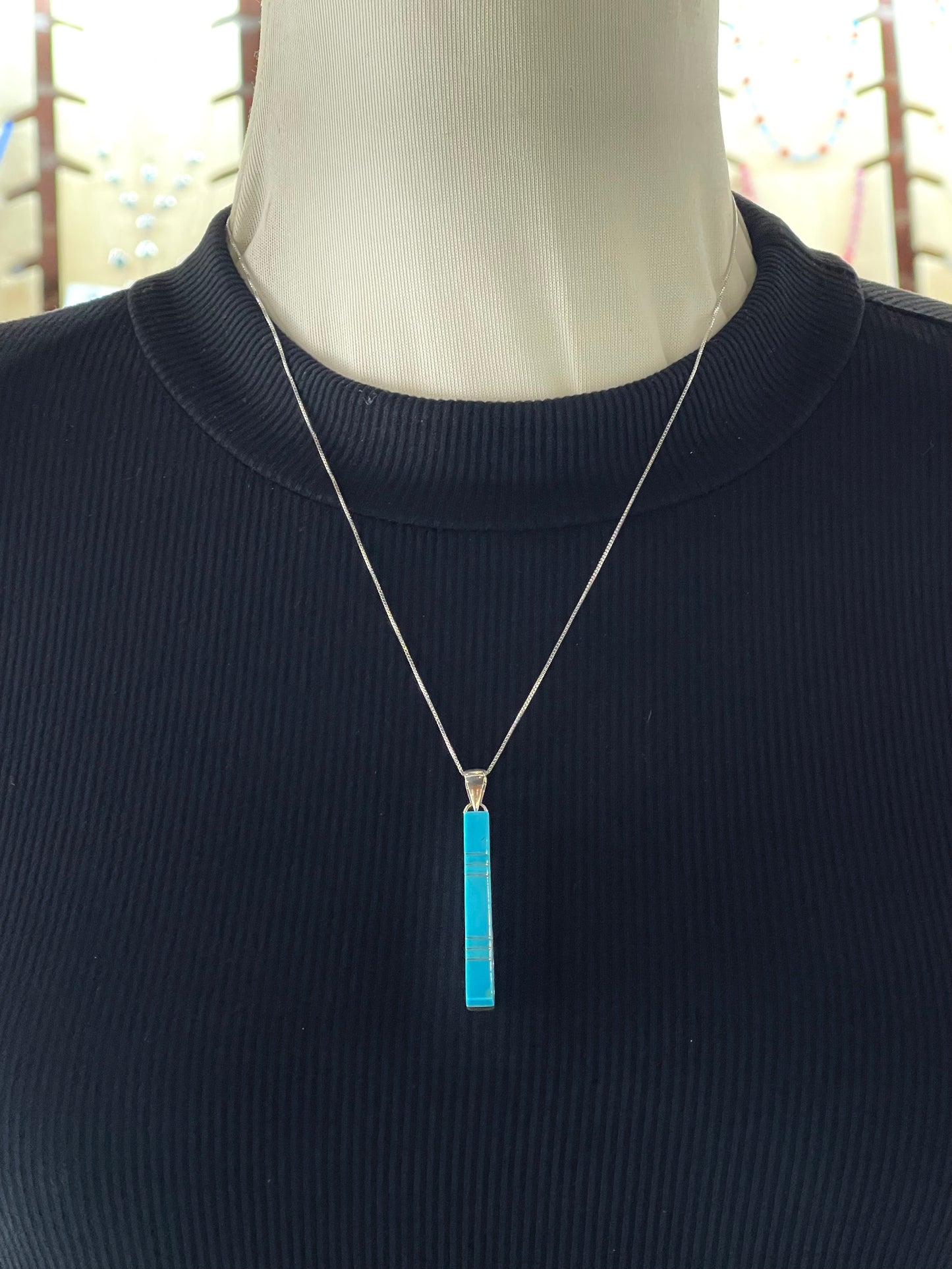 20" Inlay Turquoise Vertical Bar Pendant Necklace