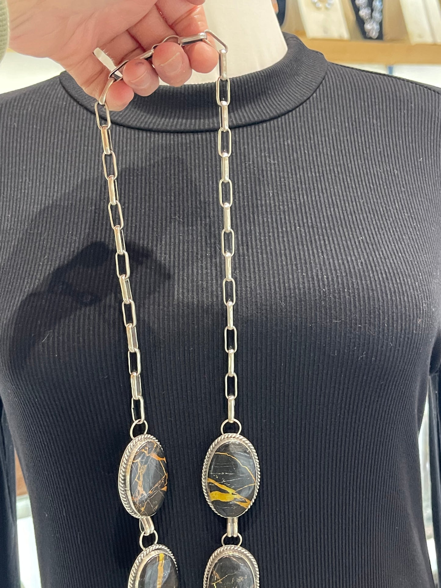 30" Blackjack Turquoise Lariat Necklace by Delbert Secatero, Navajo