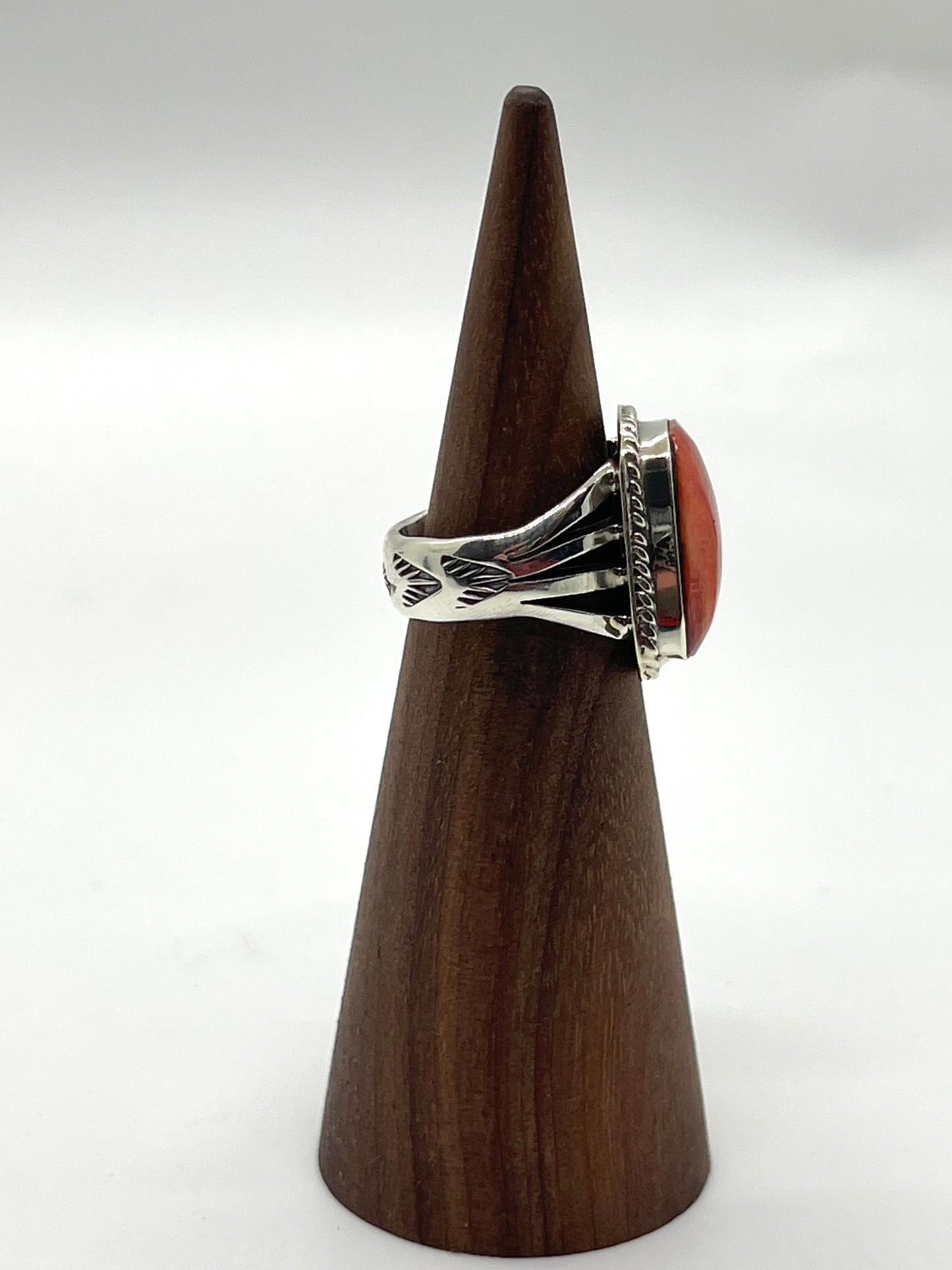5.0 Red Spiny Oyster Shell Ring by Sheena Jack, Navajo