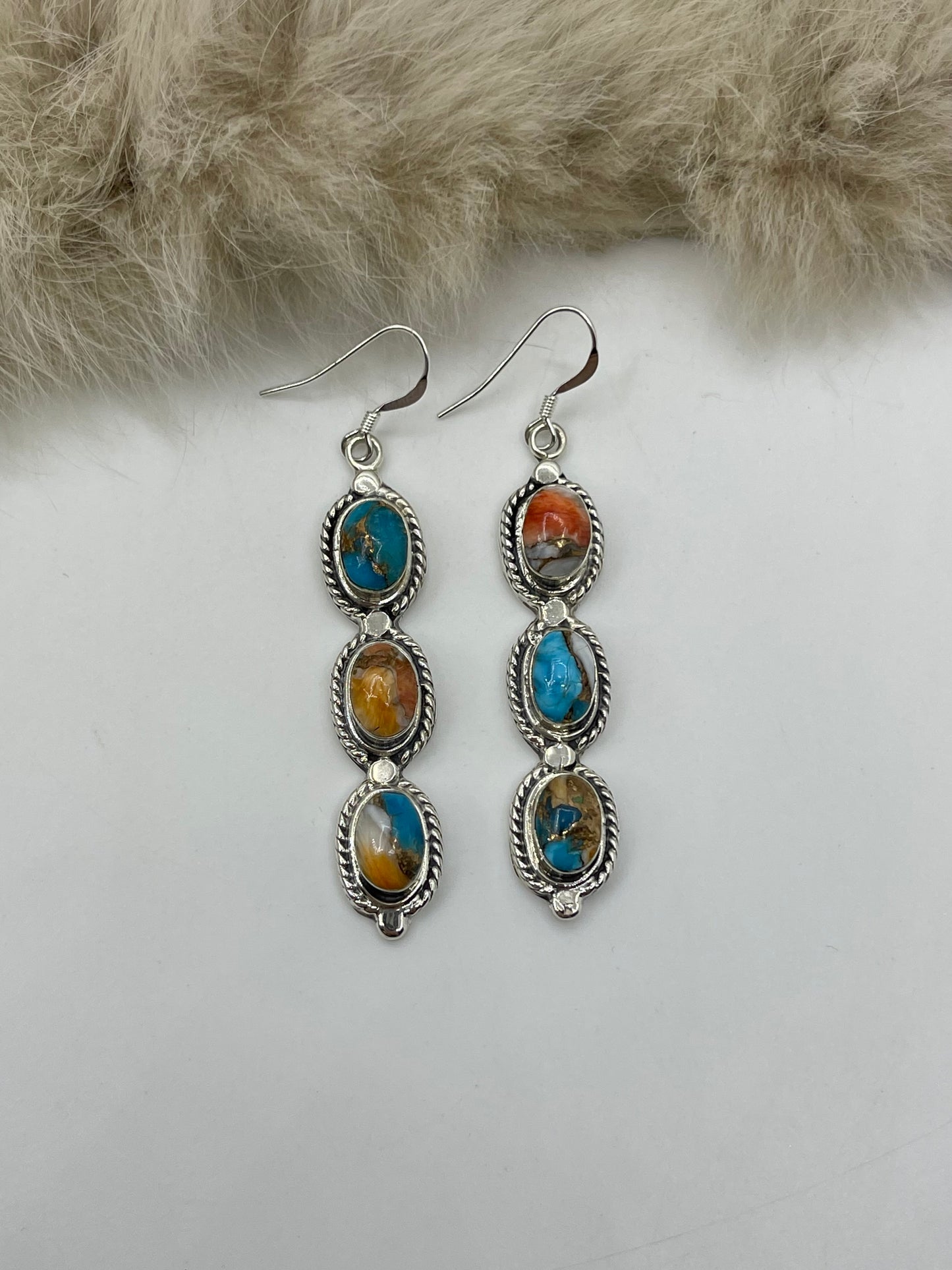 3 Stone Orange Crush Drop Dangle Earrings by Jennifer Yazzie, Navajo