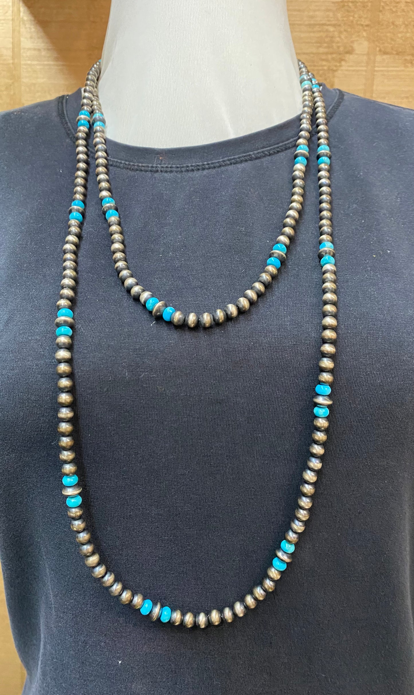 60" 6mm Navajo Pearls, 8mm Navajo Saucers, and Sleeping Beauty Turquoise Beads