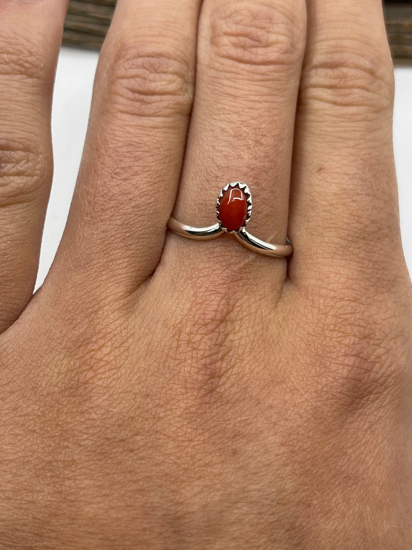 7.5 Dainty Red Coral Ring by Hiram Largo, Navajo