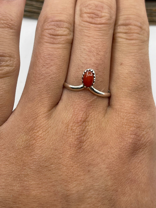 9.5 Dainty Red Coral Ring by Hiram Largo, Navajo