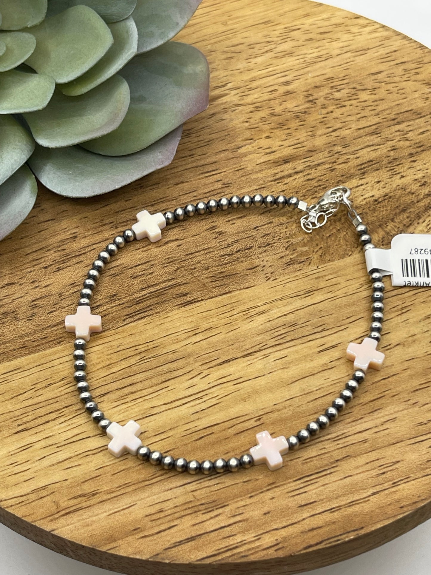 9"+1" Pink Conch Shell and 3mm Navajo Pearls Anklet
