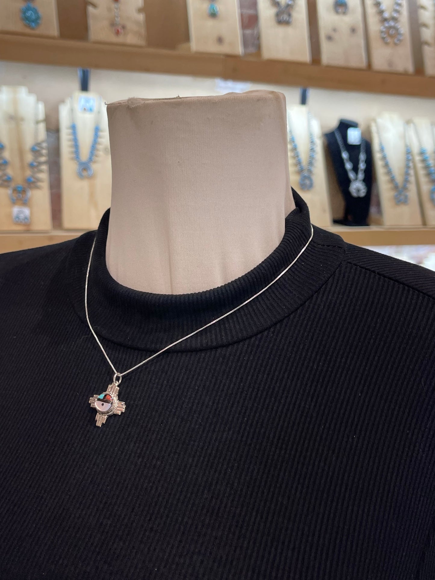 18” Chain and Zia Symbol with Zuni Sunday Pendant by Clifford Cheama, Zuni
