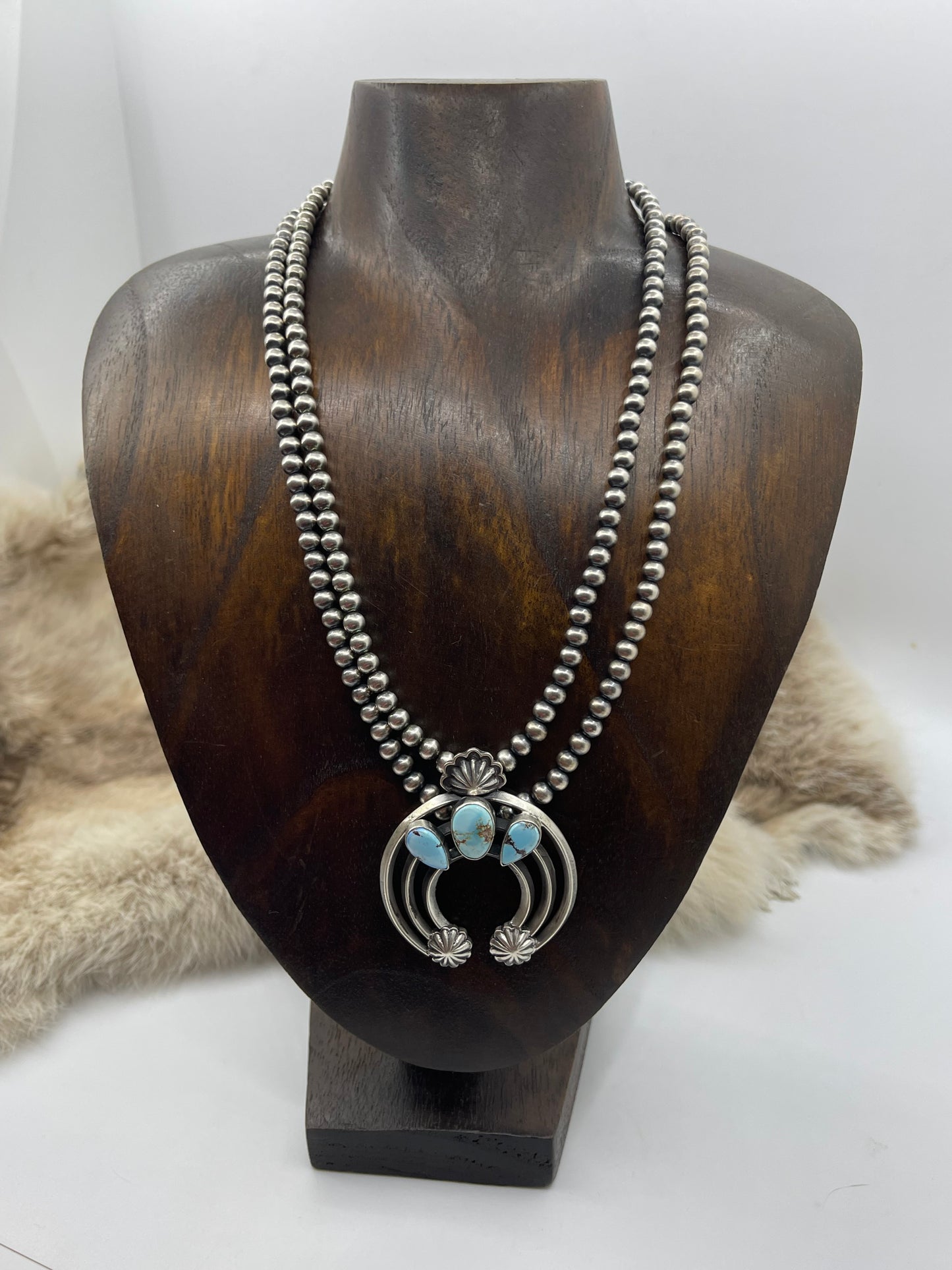 18" 5mm Golden Hills Turquoise Naja 2 Strand Necklace by Dave Morgan, Navajo