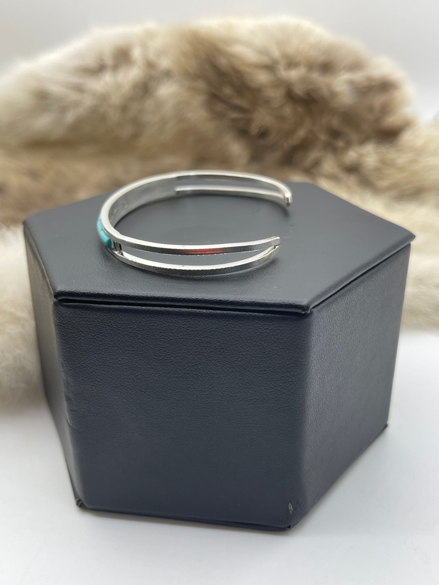 6"-6.5" Turquoise Inlay Thin Stacker Cuff by Anson Wallace, Zuni