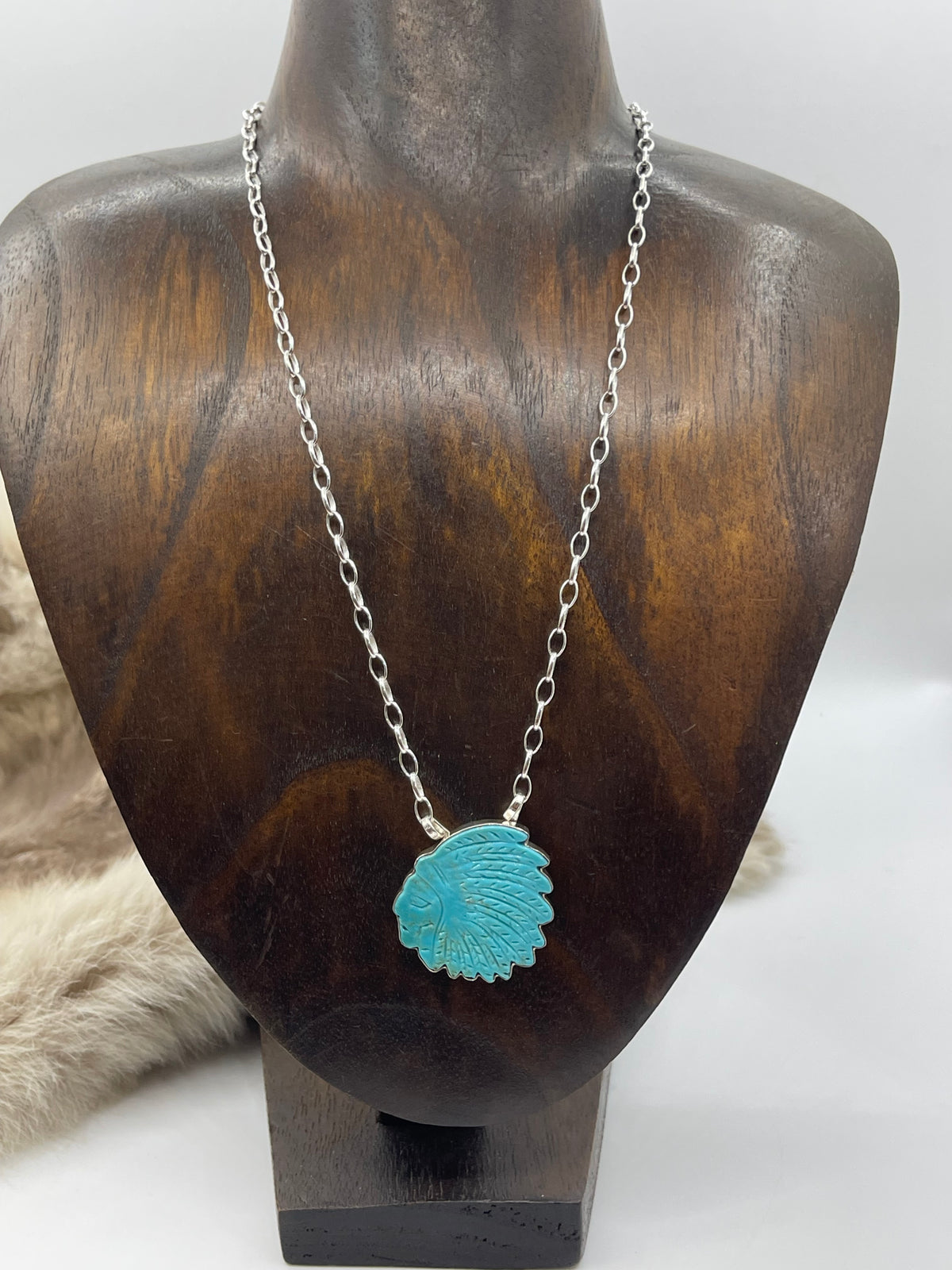 17” Carved Turquoise Indian Chief with Headdress Necklace