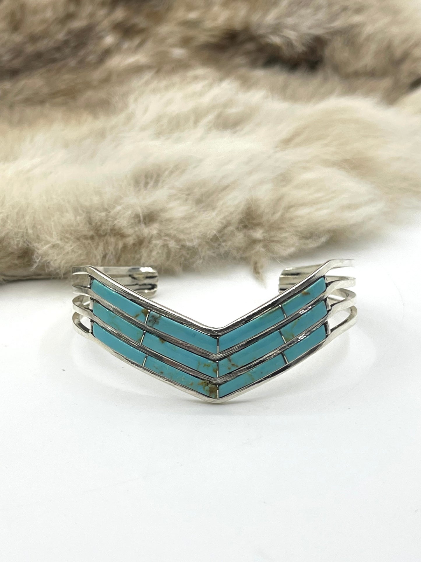 6.25" 3 Row Turquoise Inlay Chevron Cuff by Jamie Johnson, Navajo