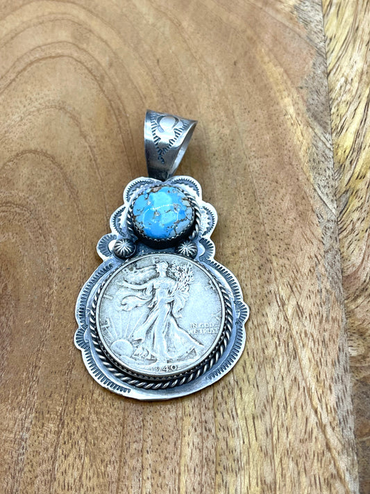 1940 Silver Walking Liberty Half Dollar and Golden Hills Turquoise Pendant