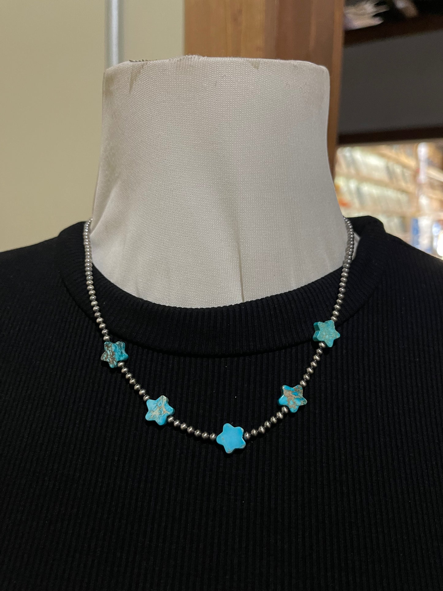 18" 3mm Navajo Pearls and Turquoise Star Necklace