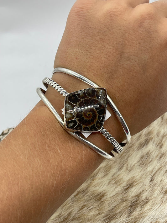 5 1/2"-7" Ammonite Fossil Cuff by Dvane Smith, Navajo