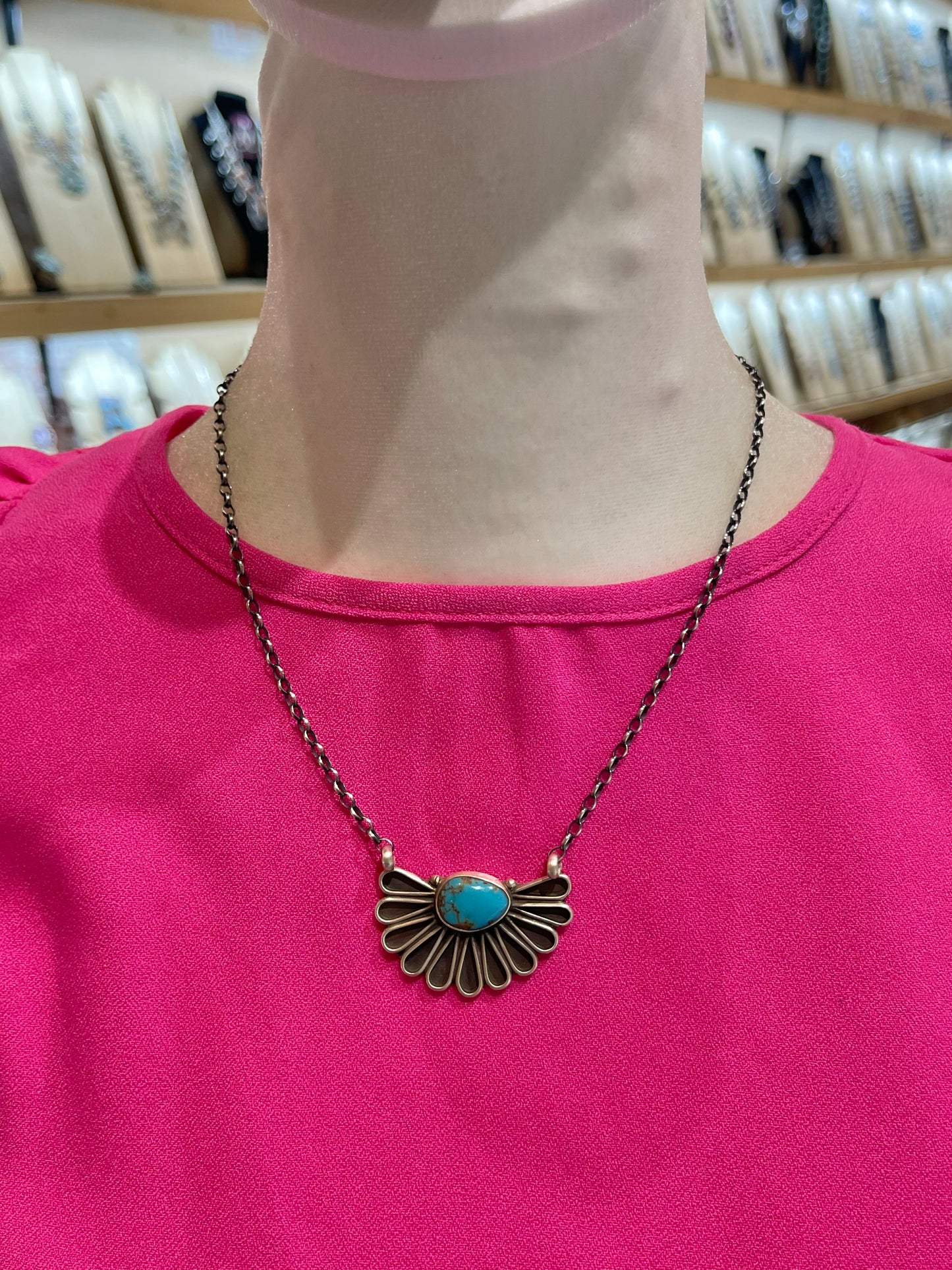 KINGMAN TURQUOISE HALFFAN BY GERALDINE JAMES NAVAJO 16"