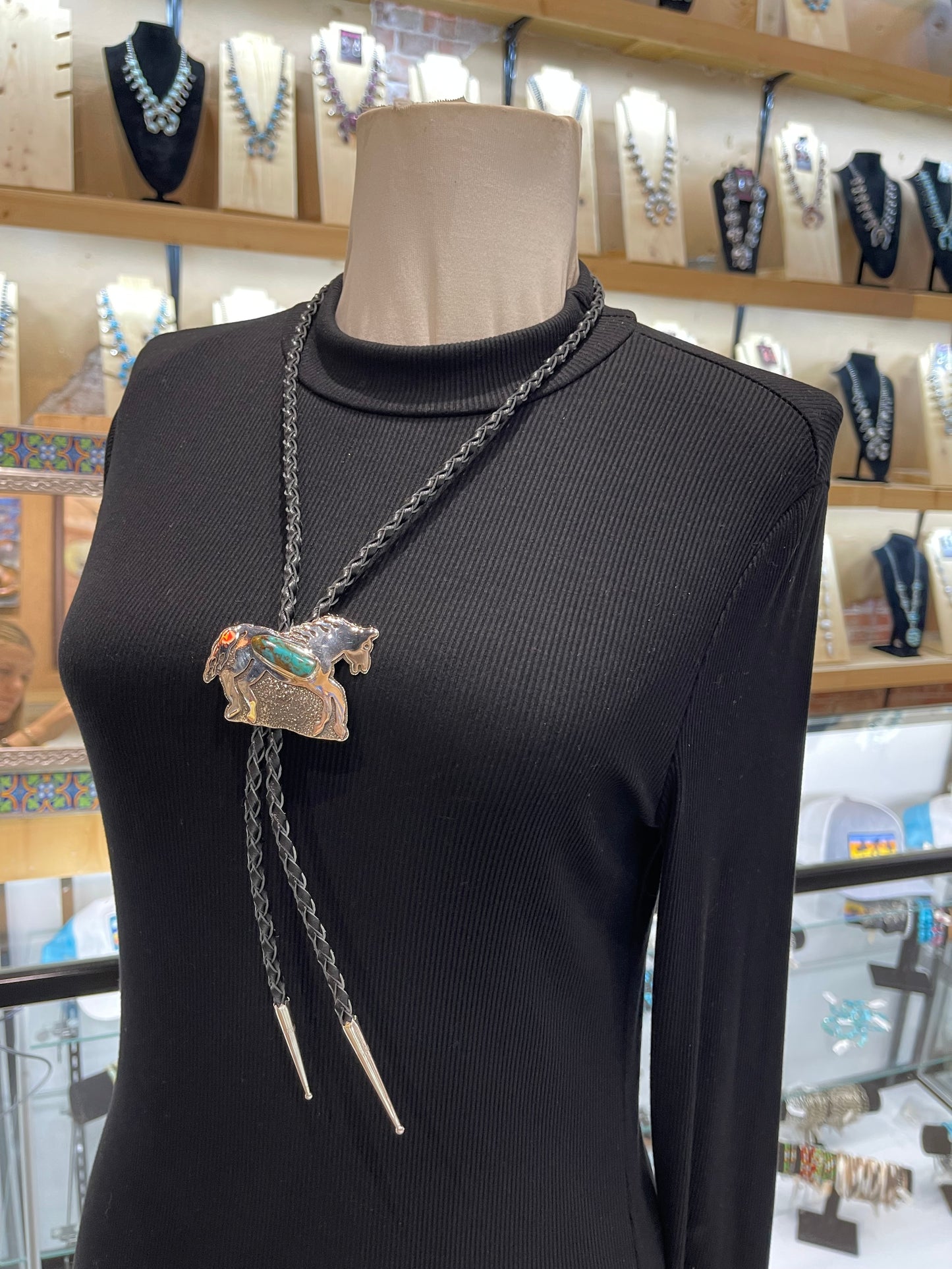 Kingman Turquoise Horse Bolo by Marie Jackson, Navajo