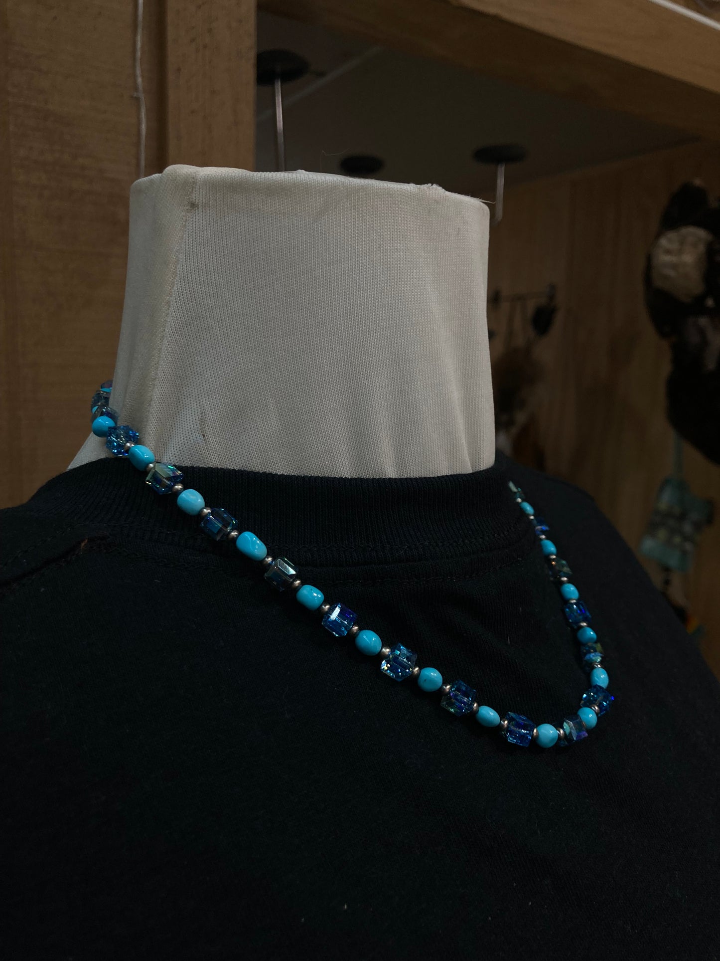 18" 3mm Navajo Pearls, Swarovski Crystal, and Sleeping Beauty Turquoise Necklace