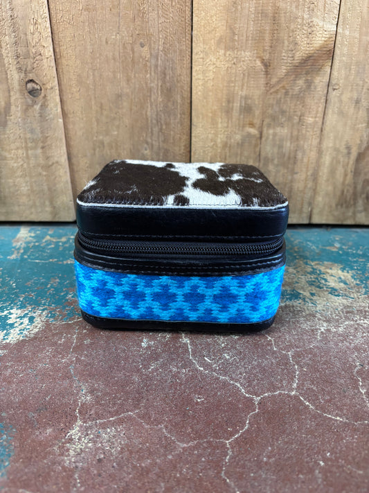 Small Square Black And White Cowhide Blue Knitted Jewelry Box