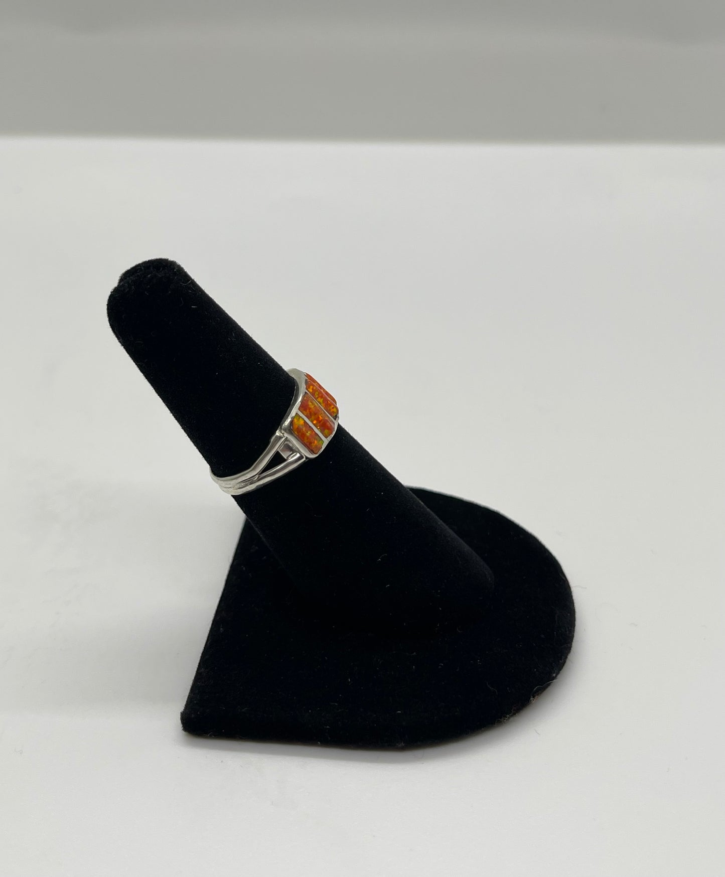 6.0 Orange Opal Inlay Ring by Juanita Tucson, Zuni