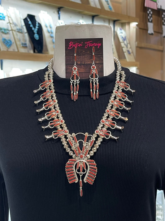 24" Red Coral Squash Blossom & Earring Set by Claudine Penketewa, Zuni