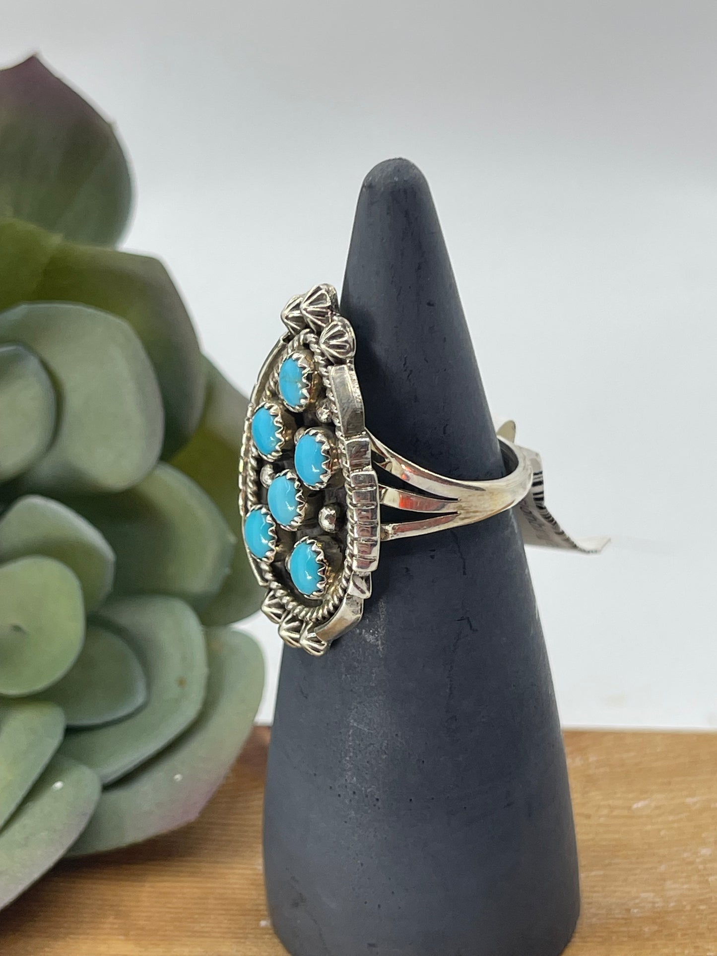 9.0 6 Stone Turquoise Teardrop Ring by Kenny Lonjose, Navajo