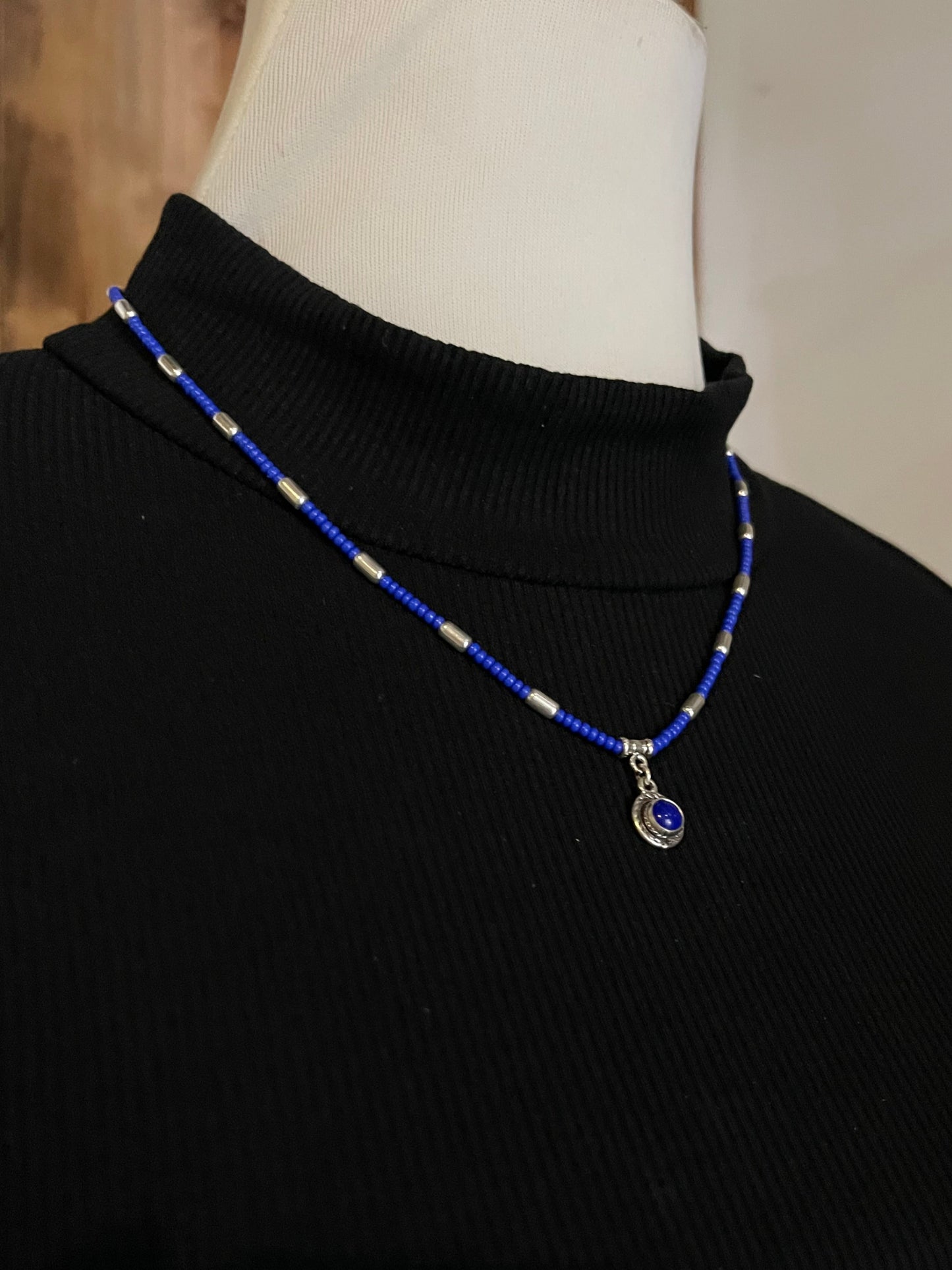 16" + 2" extender Blue Glass Seed Bead and Silver Pill Bead Necklace with Pendant