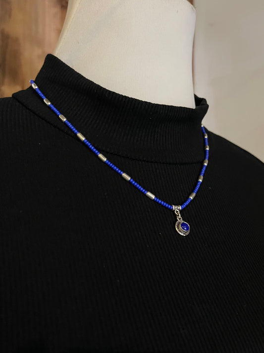 16" + 2" extender Blue Glass Seed Bead and Silver Pill Bead Necklace with Pendant