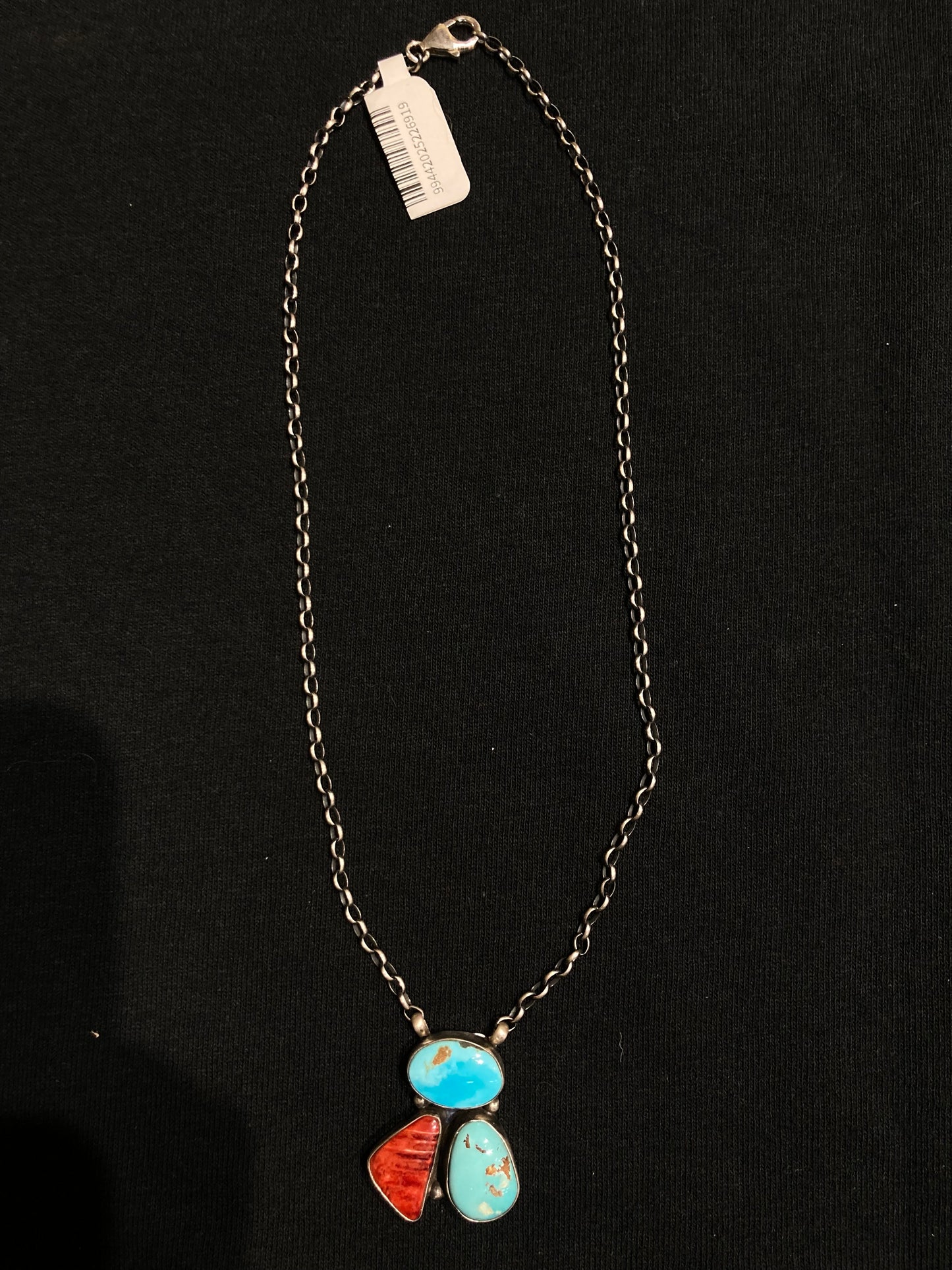 16" Red Spiny Oyster Shell and Kingman Turquoise Necklace by Donovan Skeets, Navajo