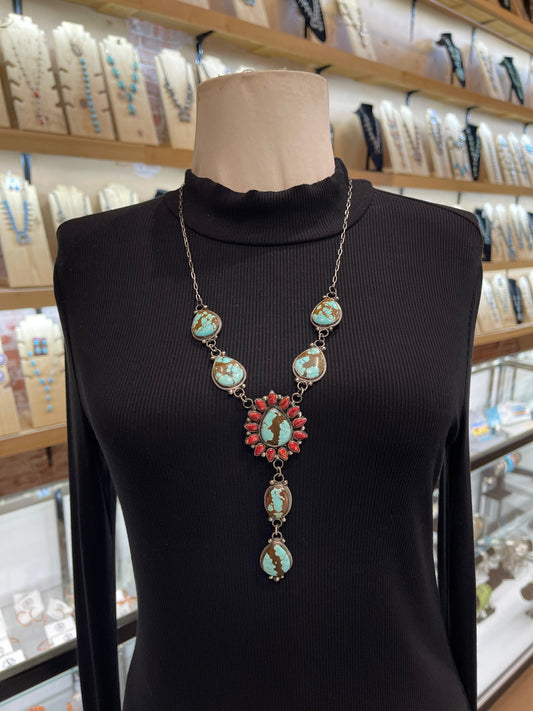 24" + 5" Drop #8 Turquoise & Corl Cluster Lariat Necklace by Devin Brown, Navajo