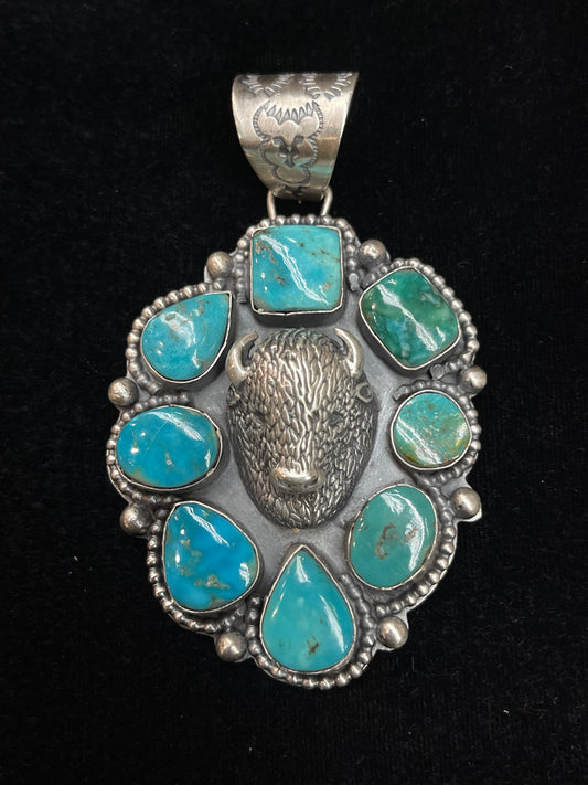 13.2mm Bale Eight Stone Turquoise Pendant with Buffalo Head by Boyd J. Ashley, Navajo