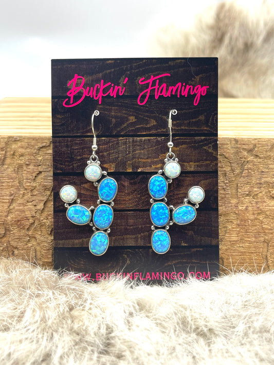 Blue & White Opal Prickly Pear Cactus Hook Earrings