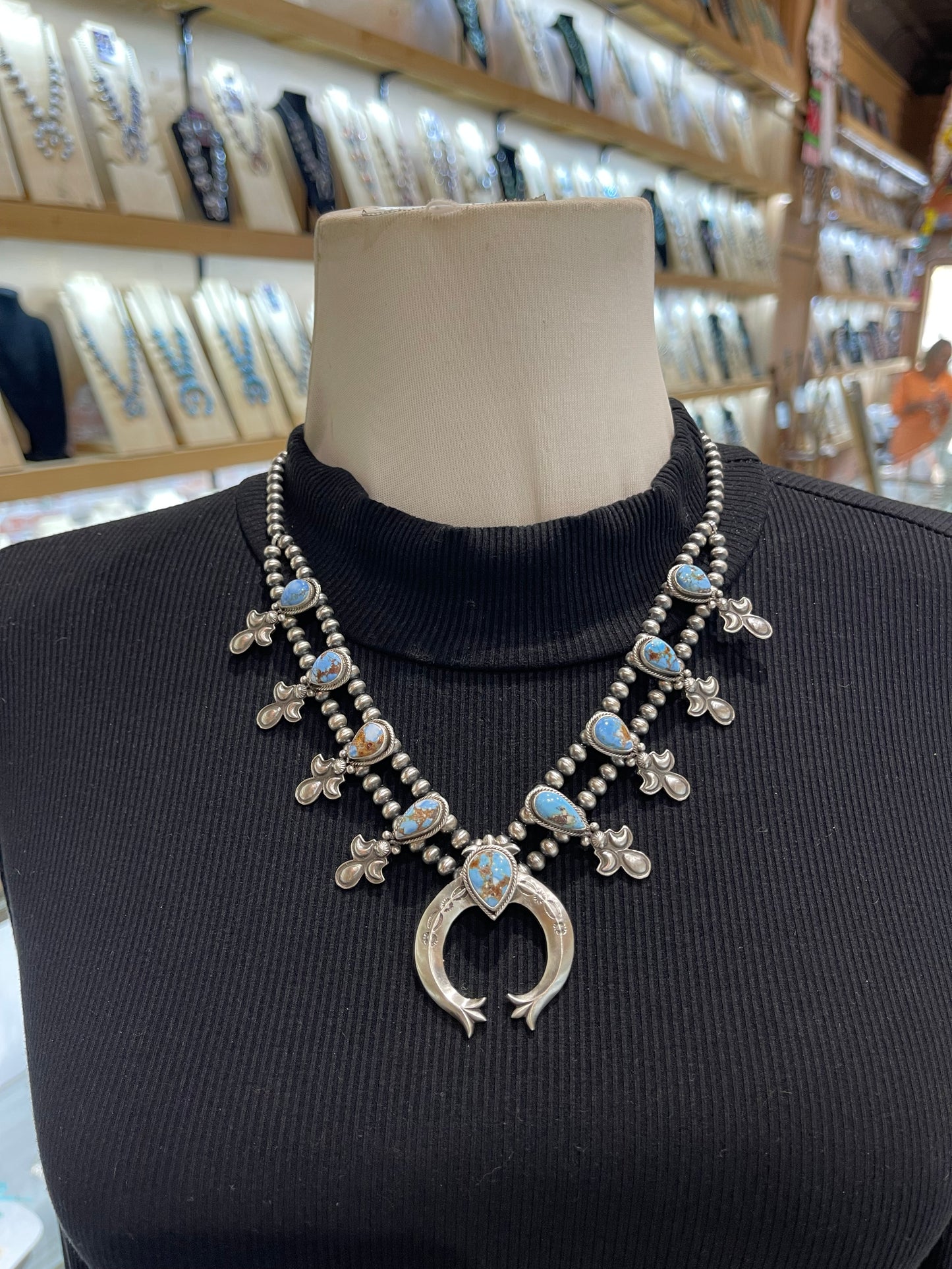 20” Golden Hills Turquoise Squash Blossom Necklace & Earring Set by Adrienne P. Gordon, Navajo